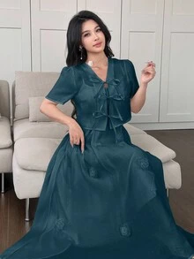 Modelyn 2件套女士3D花卉装饰腰部吊带背心连衣裙和系带袖上衣 - 藍色 - 查看 7