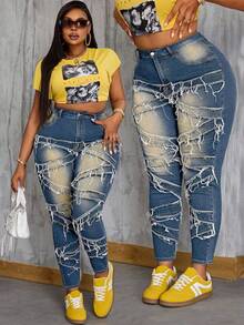Slaydiva Winterliche Jeans für Damen in Große Größen mit hoher Taille, Taschen und ausgefranstem Saum, vielseitig einsetzbar - Mittele Waschung - Übersicht 1