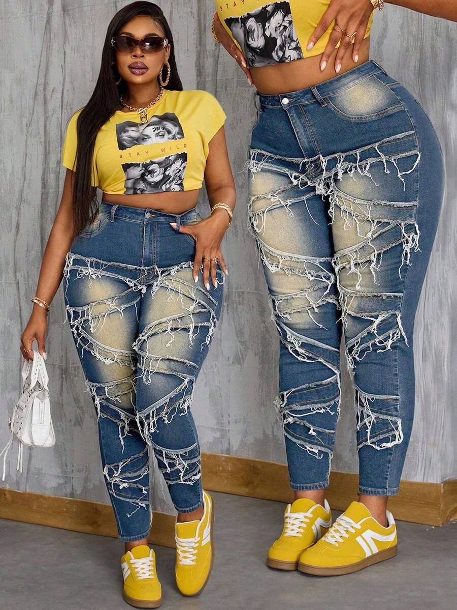 Slaydiva Winterliche Jeans für Damen in Große Größen mit hoher Taille, Taschen und ausgefranstem Saum, vielseitig einsetzbar - Mittele Waschung - Übersicht 1