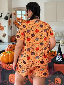 Bộ đồ ngủ tay ngắn dệt kim in hình bí ngô và ma Halloween cỡ lớn kèm quần short - Nhiều màu - Xem 2