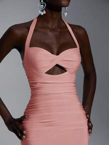 Elitara 优雅奢华粉色弹力针织泳衣，搭配褶皱镂空美人鱼裙，适合婚礼、派对、度假、庆典、伴娘礼服（成人） - 藕粉色 - 查看 2