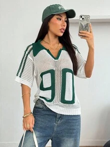 SHEIN PETITE 女士休闲镂空针织短袖上衣，假日，夏季，外出上衣，复古女式上衣，学院风上衣，沙滩，度假，绿白配色，欧洲夏季，街头风，图案T恤，秋季 - 白色 - 查看 10