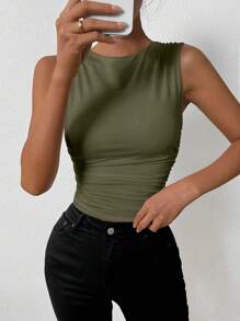 Femesol Áo ba lỗ nhún bèo màu xanh lá cây, Áo ba lỗ cơ bản, Áo ba lỗ đi chơi, Áo câu lạc bộ, Áo hòa nhạc, Áo dễ thương, Áo du lịch sân bay - xanh quân đội - Xem 4