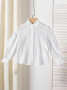 Easowa Blusa casual con volant a orlo per ragazze, in colore unito, per ragazze, bluse per ragazze adolescenti, camicie eleganti per giovani ragazze, top formali per giovani ragazze, abbigliamento per ragazze, abiti scolastici, top bianco, abbigliamento per il ritorno a scuola, divisa scolastica, camicie per ragazze, camicie da ragazza - Bianco - Visualizzare 3