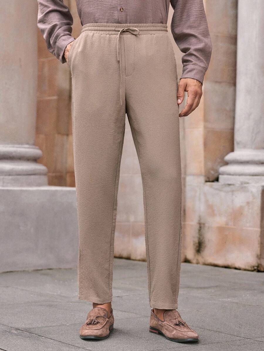 Manfinity NXTstreet Quần ống côn cạp giữa dệt phồng xốp thông thường dành cho nam, dành cho mùa thu, Old Money - Màu Khaki - Xem 1