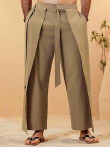 VENTUSAIL Men's Summer Linen Texture Layered Design Loose And Comfortable Breathable Vacation Long Pants With Waist Tie Design, Khaki Going Out Plain Baggy Slacks Pants, For Husband, Boyfriend Gifts, For Fall - Khaki - View 2