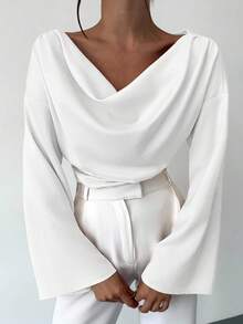 Firerie Boat Neck Flare Sleeve Gathered Waist Office Lady Apricot Blouse, Minimalist Elegant Daily Commute Satin Asymmetric Ruched Collar Flare Sleeve Blouse For Women, Office Wear Chic White Shirt - White - View 1