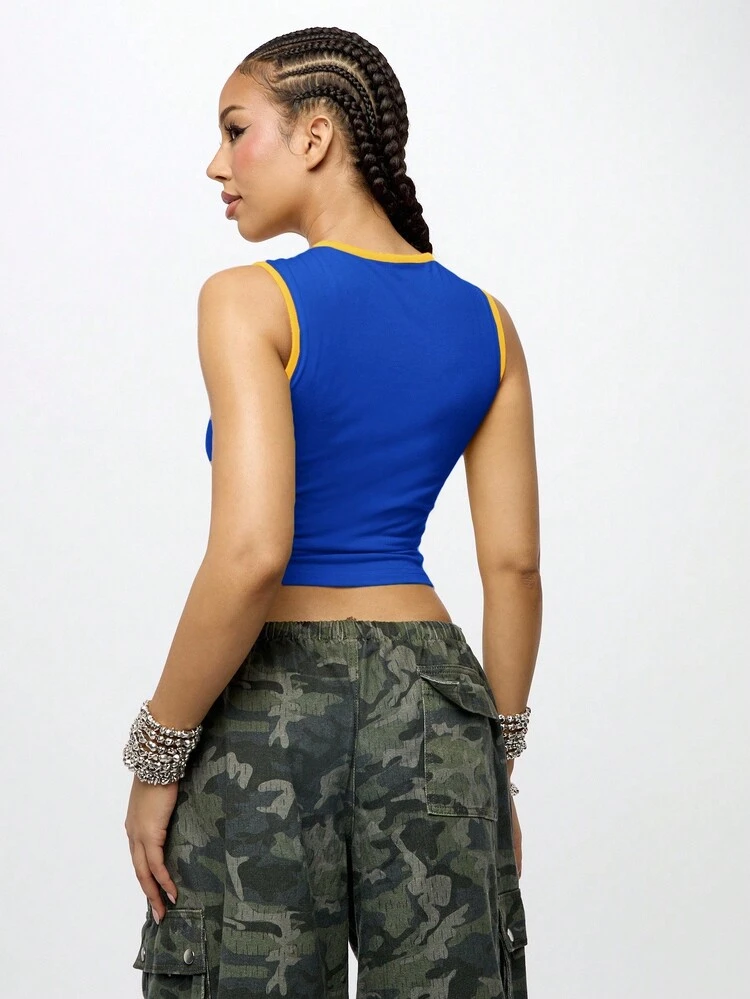 SUMWON WOMEN Blue Crop Tank Top With Gold Gothic Text