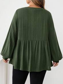 SHEIN CURVE+ Áo thun nữ cỡ lớn, viền bèo nhún, thường ngày, Thu/Đông/Thu/Đông - màu xanh lá - Xem 2