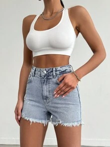 EURMUSE 100%Cotton Mini Heavy Destroy Short With Back Label Detail - Medium Wash - View 6