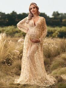 Cheriluna Maternity Váy lưới sequin mỏng manh cho bà bầu, trang phục chụp ảnh - Rượu sâm banh - Xem 4