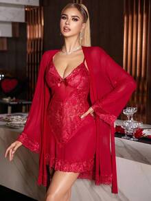 SilkySpell Bộ đồ ngủ và áo choàng lưới ren tương phản gợi cảm dành cho nữ - Màu Đỏ Sâu - Xem 3