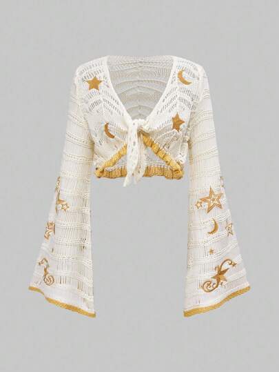 Women's Hippie Bohemian Style Moon & Star Embroidered Crochet Flare Sleeve Cardigan