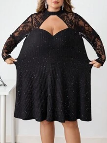 SHEIN CURVE+ 大码女式优雅性感约会派对聚会修身亮片领镂空罗纹面料蕾丝拼布长袖连衣裙/秋冬 - 黑色 - 查看 6
