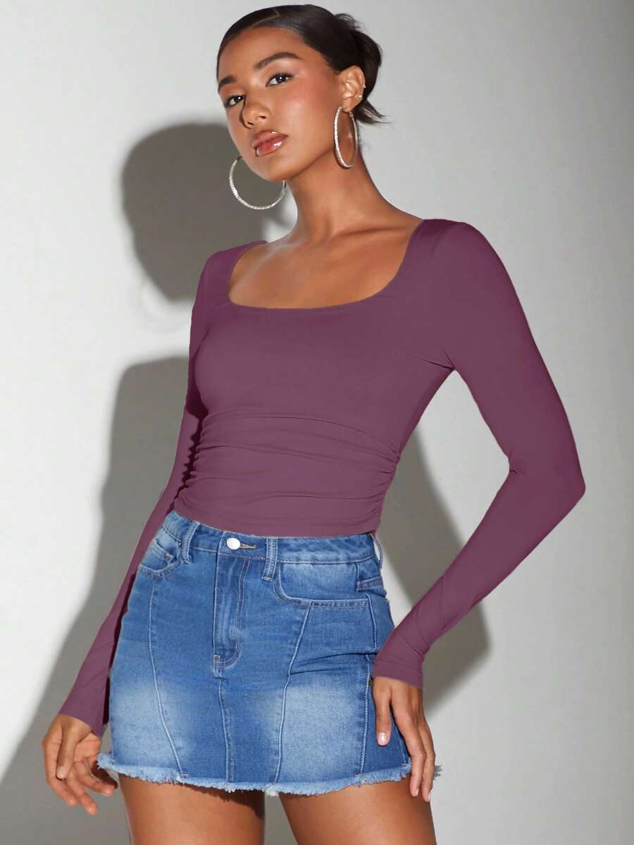 SHEIN BAE Women's Casual Solid Color Long Sleeve T-Shirt, Versatile For Winter - Dusty Purple - View 1