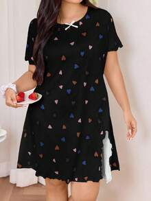 Snug Zone Cute Ruffled Heart Print Soft & Comfy Casual Nightgown  Cozy And Elegant Details - Black - View 4