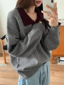 Livesso Women's Contrast Color Korean Style Casual Sweater, Autumn/Winter - Grey - View 3