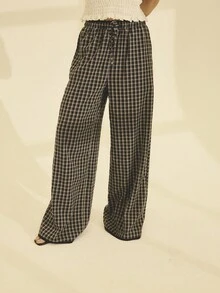 Aralina 秋冬款 Stolkhom 格纹阔腿裤，侧边口袋，腰部和裤脚饰有撞色蕾丝边，休闲机场装扮 - 彩色 - 查看 10
