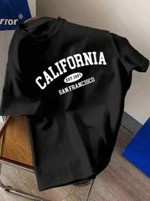Manfinity Joysei Fashionable Casual Young Casual California Letter Contrast Color Graphic Print Regular Fit Crew Neck Short Sleeve T-Shirt For Men, Suitable For Dates, Gatherings, Essential, Suitable For Couples, Family Matching, Great Gift For Boyfriend Graphic Tee
