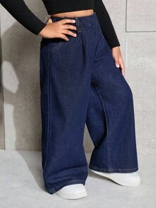 SHEIN 少女宽松荷叶边下摆深蓝色牛仔裤 - 深色水洗藍 - 查看 7