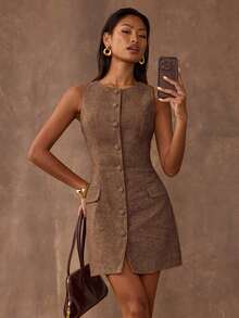 SHEIN BAE Autumn Slim-Fit Single-Breasted Sleeveless Waist-Cinching Minimalist Dress, Special Fabric Dress, Autumn And Winter Versatile Dress, Commuting Dress, Elegant Short Dress - Coffee Brown - View 7