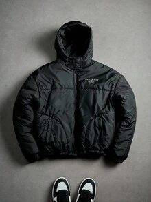 PAVTROS 男士字母印花拉链休闲连帽冬季外套，冬季，秋季 - 黑色 - 查看 1