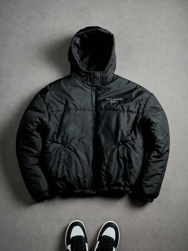 PAVTROS Men's Letter Print Zip-Up Casual Hooded Winter Coat, Winter , Fall