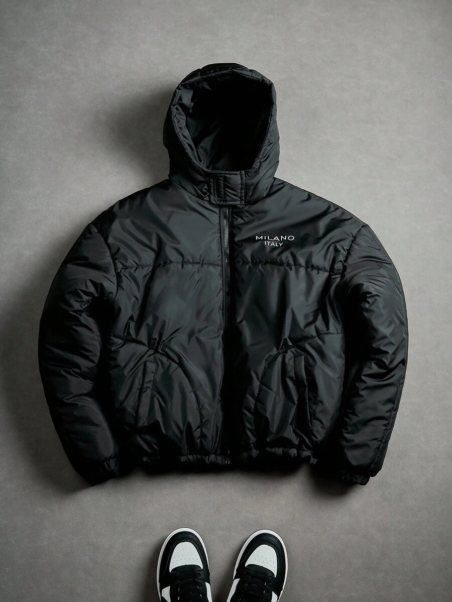 PAVTROS 男士字母印花拉链休闲连帽冬季外套，冬季，秋季 - 黑色 - 查看 1