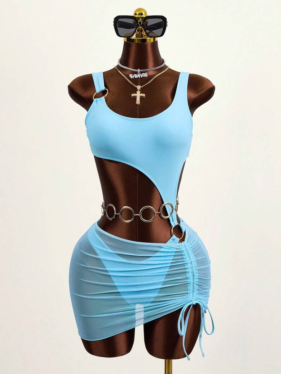 Zestiva 鏤空環鏈連體泳衣附沙灘裙