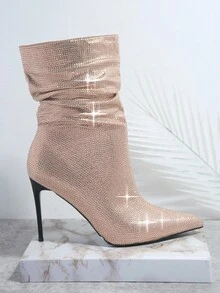 SHUZIA Metallic Pointy Toe Slip On Stiletto Boots - Champagne - View 6
