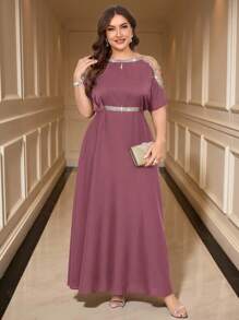 SHEIN Clasi Plus Size Rhinestone Decor Off-Shoulder Elegant Solid Color Dress