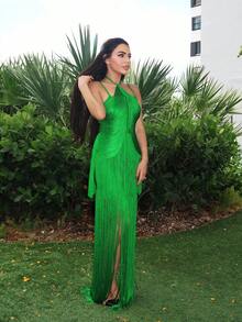 Durrani Popal Green Summer Fashion Halter Neck Plain Simple Handwoven Tassel Tube Shift Dress, Elegant & Classy For Cocktail Party, Formal Long Knit Gown For Women - Green - View 4