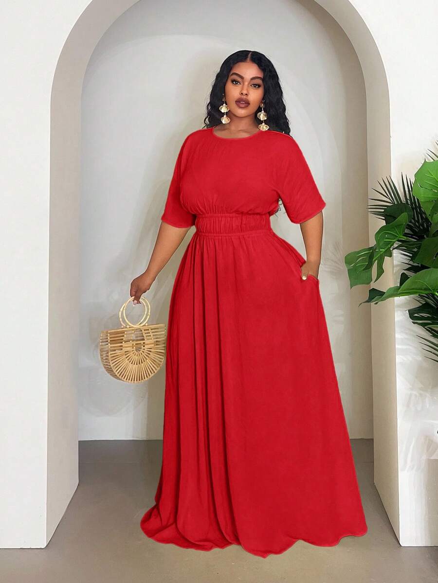 Veslaya 2025 Spring/Summer New Arrival, Vacation Casual & Daily Casual & Street Style & Elegant Party & Romantic, Solid Yellow, Drop Shoulder, Elastic Waist Ruched Flared Maxi Dress, Woven Textured Fabric, Plus Size Women