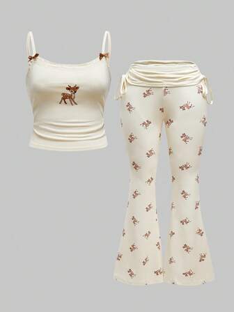 J-Fashion Cute Deer Embroidered Lace Blouse Paired With Deer Print Flare Pants