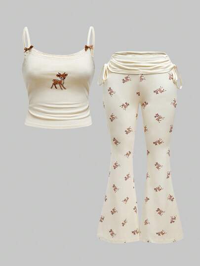 J-Fashion بلوزة مطرزة بالدانتيل بشكل غزال مقترنة مع بنطلون واسع مطبوع بنقشة الغزال