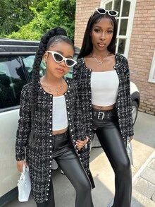 SHEIN 青少年女孩秋冬日常圆领珍珠纽扣前中长款夹克，带口袋，母女装（2 件单独出售） - 黑色 - 查看 5