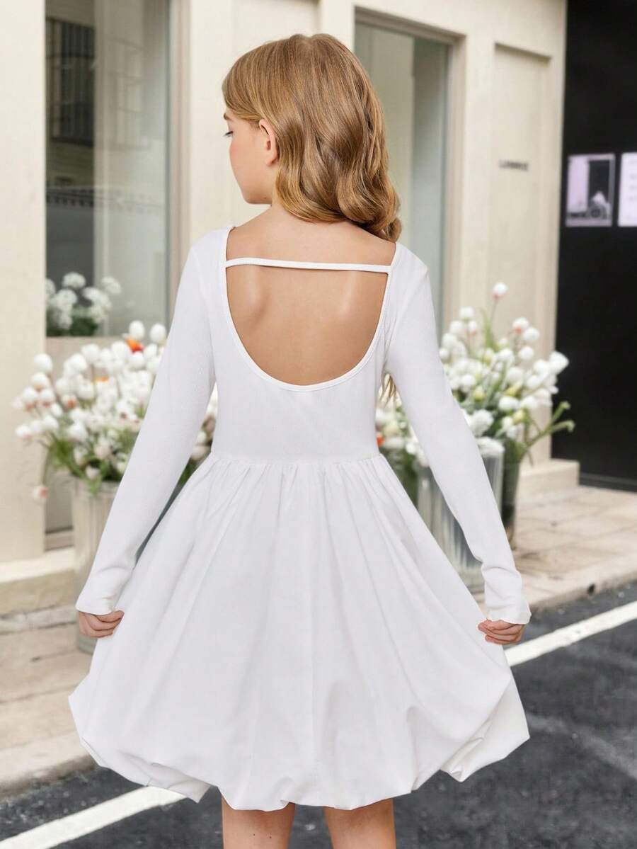 SHEIN Tween Girls Fashionable Solid White Color Ballet Style Round Neck Long Sleeve Mini Puffy Dress, Suitable For Christmas Party, School Event, Fall Winter Dress - White - View 1