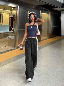 SHEIN EZwear 女式黑白松紧腰侧条纹阔腿宽松休闲工装裤 - 黑與白 - 查看 5