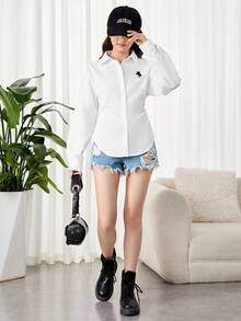 SHEIN 少女白色修身衬衫，弧形下摆，刺绣，学院风衬衫，百搭百搭衬衫，适合青少年 - 白色 - 查看 4