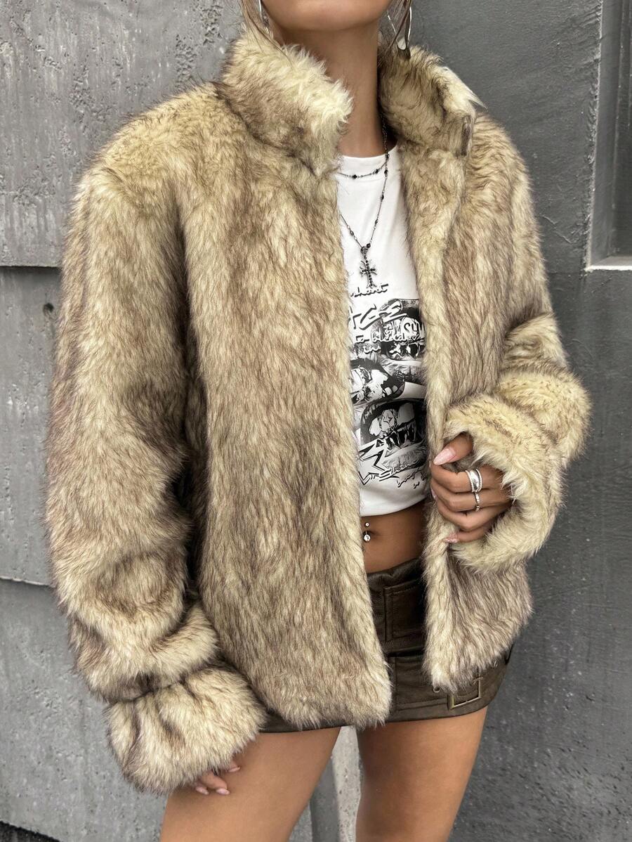 SHEIN ICON 秋冬欧美辣妹休闲开襟仿皮草大衣 - 彩色 - 查看 1