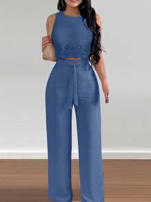 Conjunto de 2 piezas para mujer compuesto por top de tirantes escote en V elegante y pantalones rectos, diseño con lazo hueco - Azul - Ver 3