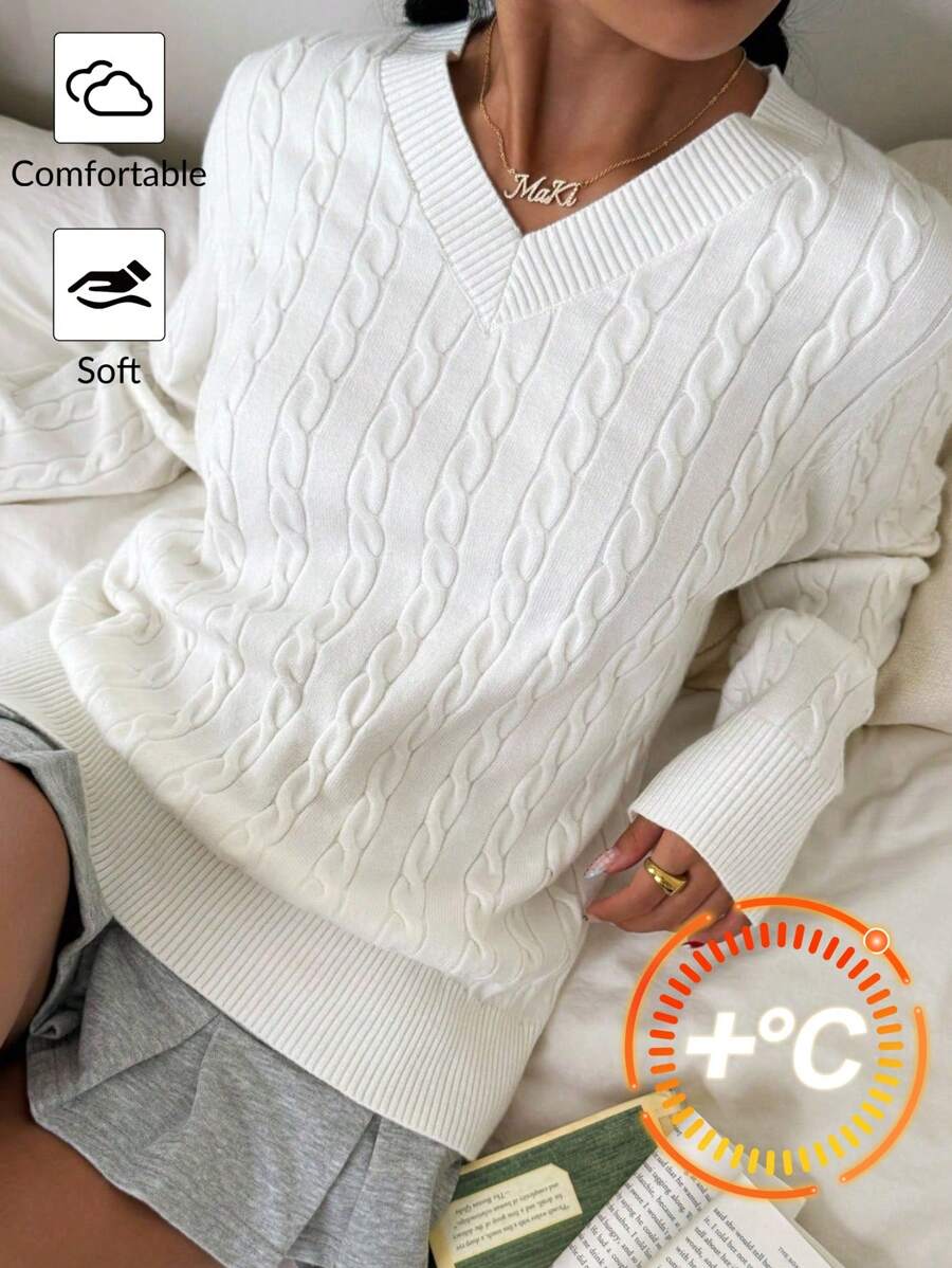 SHEIN Suéter de malha texturizada com estampa de slogan vintage do Brooklyn para meninas pré-adolescentes, decote em V, manga comprida, adequado para uso casual, casa, rua, escola, festa e outras ocasiões, outono/inverno - Branco - Ver 1