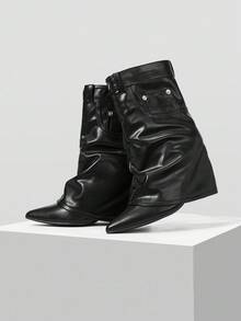 Mnmlis 女士时尚尖头细高跟黑色真皮舒适踝靴 - 黑色 - 查看 1