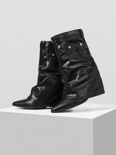 Mnmlis 女士时尚尖头细高跟黑色真皮舒适踝靴