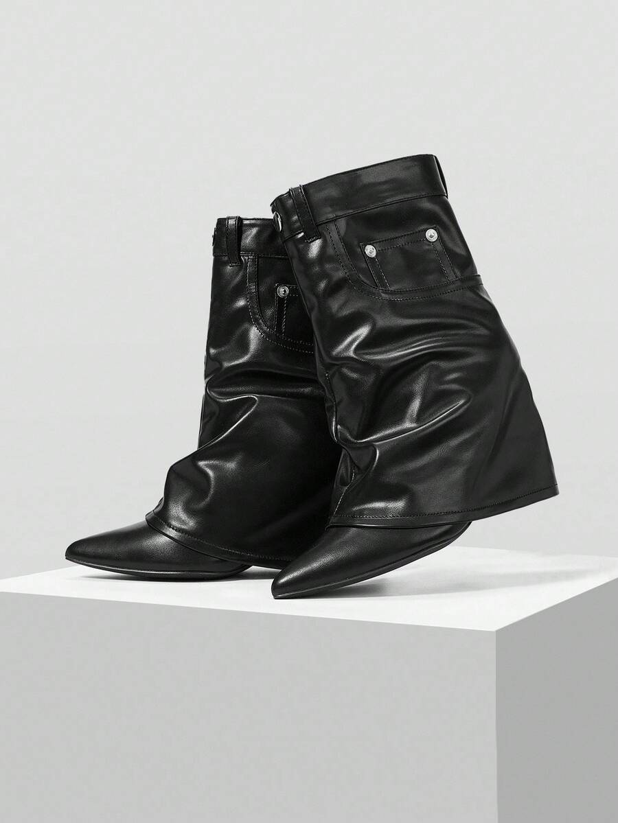 Mnmlis 女士时尚尖头细高跟黑色真皮舒适踝靴 - 黑色 - 查看 1