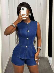 Slaydiva 女士夏季圆领单排扣牛仔背心和短裤休闲套装 - 深色水洗藍 - 查看 5