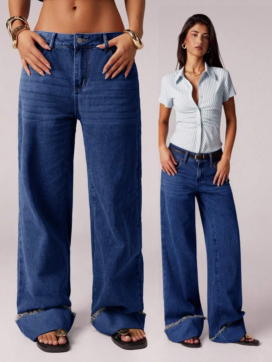 SHEIN Forever 21 女士牛仔裤 低腰牛仔裤 商务休闲女士 Y2k 阔腿裤 办公室女士 宽松裤 夏季裤子 休闲女士蓝色牛仔裤 夏季女士裤子 牛仔裤 嬉皮女士服装 - 寶藍色 - 查看 1