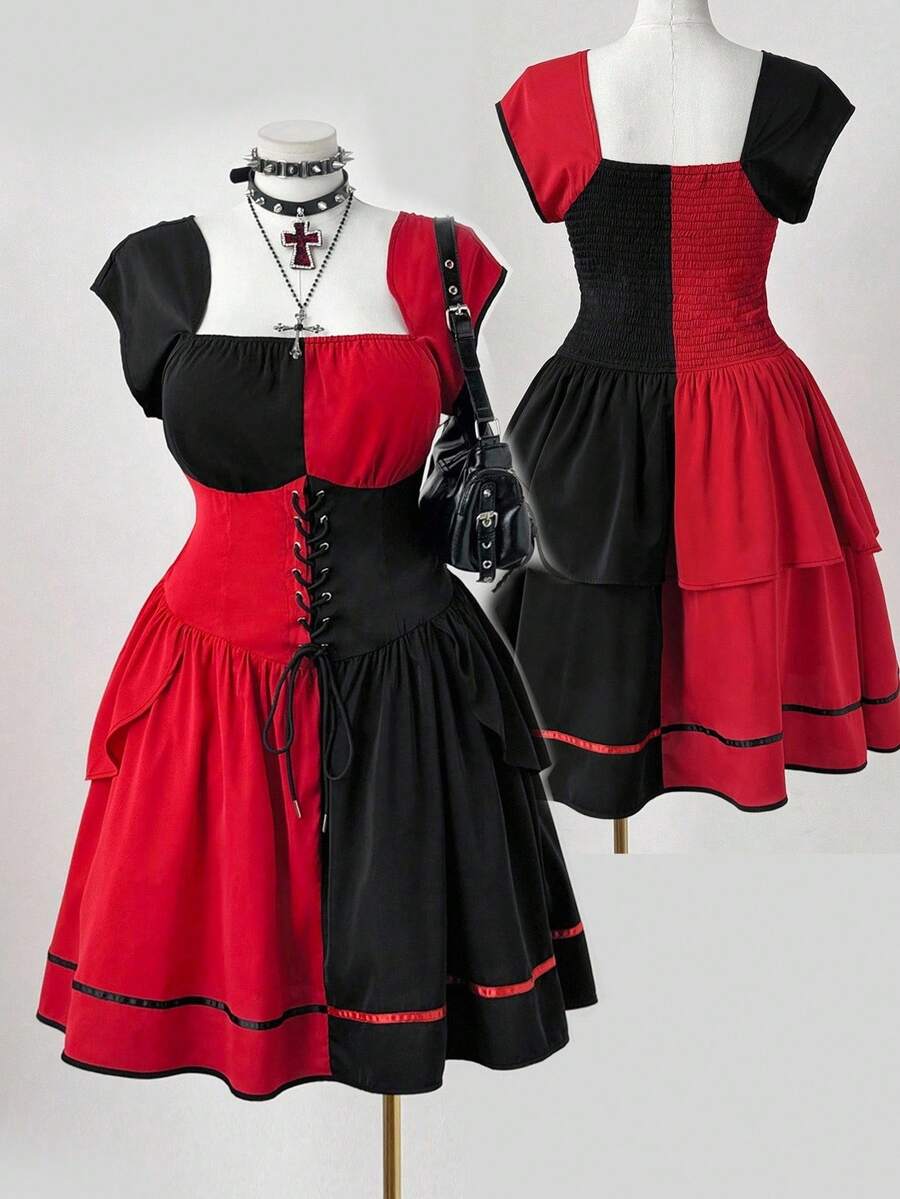 Flirla Váy xếp ly buộc dây màu đen và đỏ cỡ lớn dành cho nữ - Nhiều màu - Xem 1