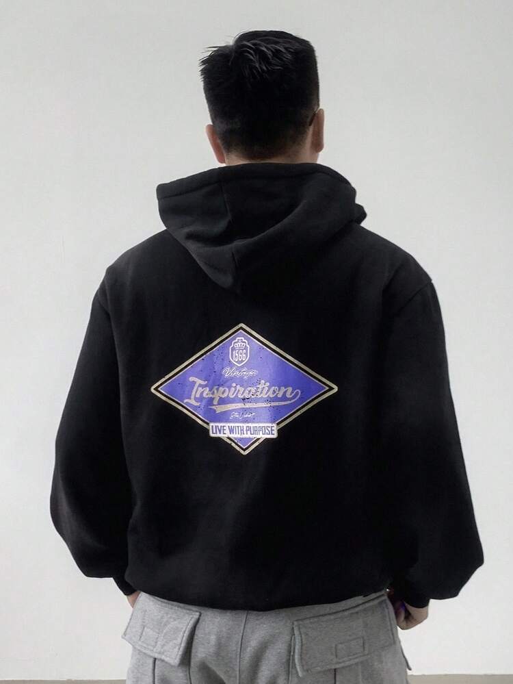 Men's Letter Embroidered Black Hooded Sweatshirt, Street Style Sweatshirt, Autumn