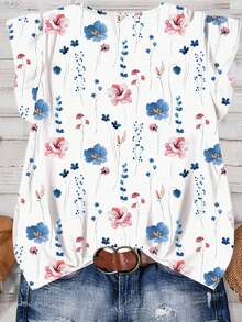 EMERY ROSE Camisa de mujer con cuello en V y patrón floral retro casual, adecuada para el verano - Azul - Ver 2